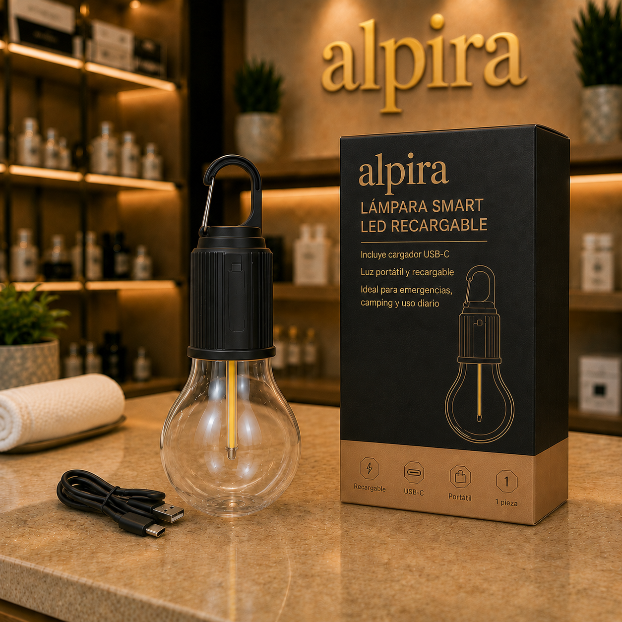 Lámpara LED Recargable Portátil con Gancho y Carga USB-C